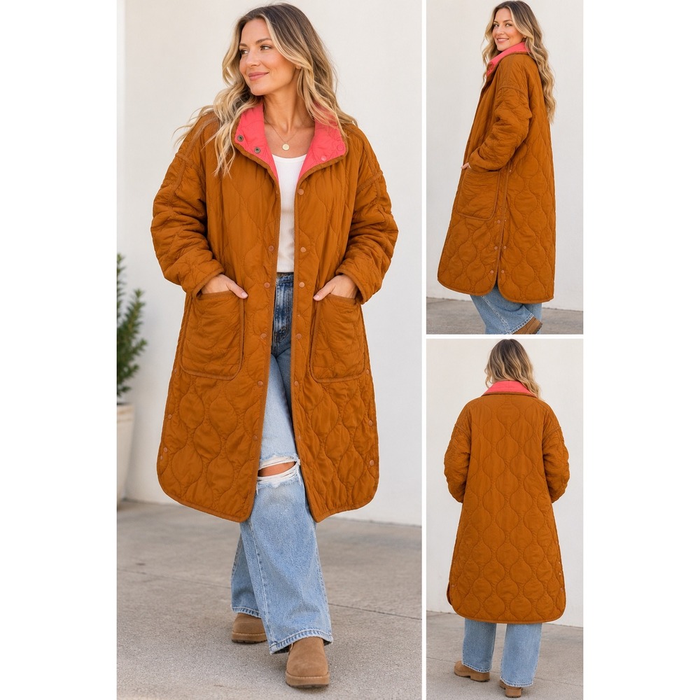 Lou & Grey Quilted Barn Coat Rust/Coral Trim Longline Reversible Jacket Medium